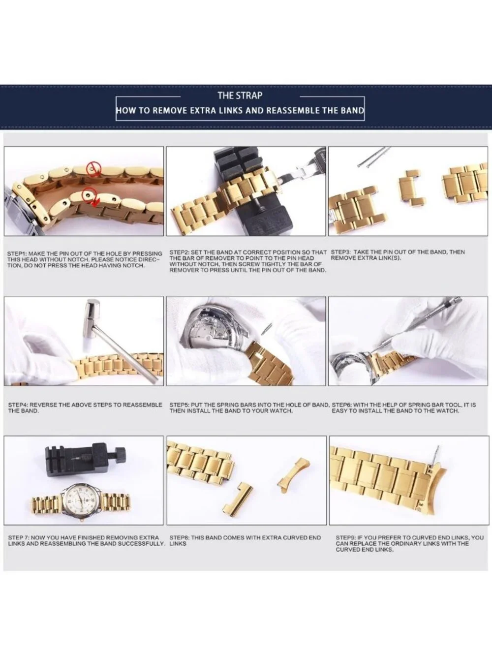 Adjustable Stainless Steel Watch Band 12mm-24mm, Metal Link Bracelet for Men
